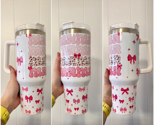 Pink bow mama tumbler