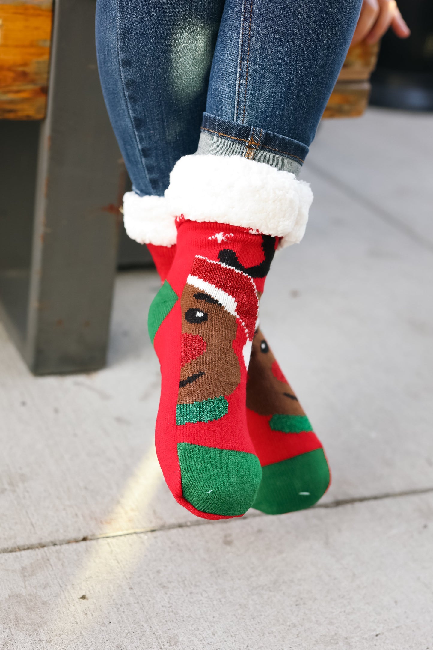 Red Reindeer Sherpa Traction Bottom Slipper Socks