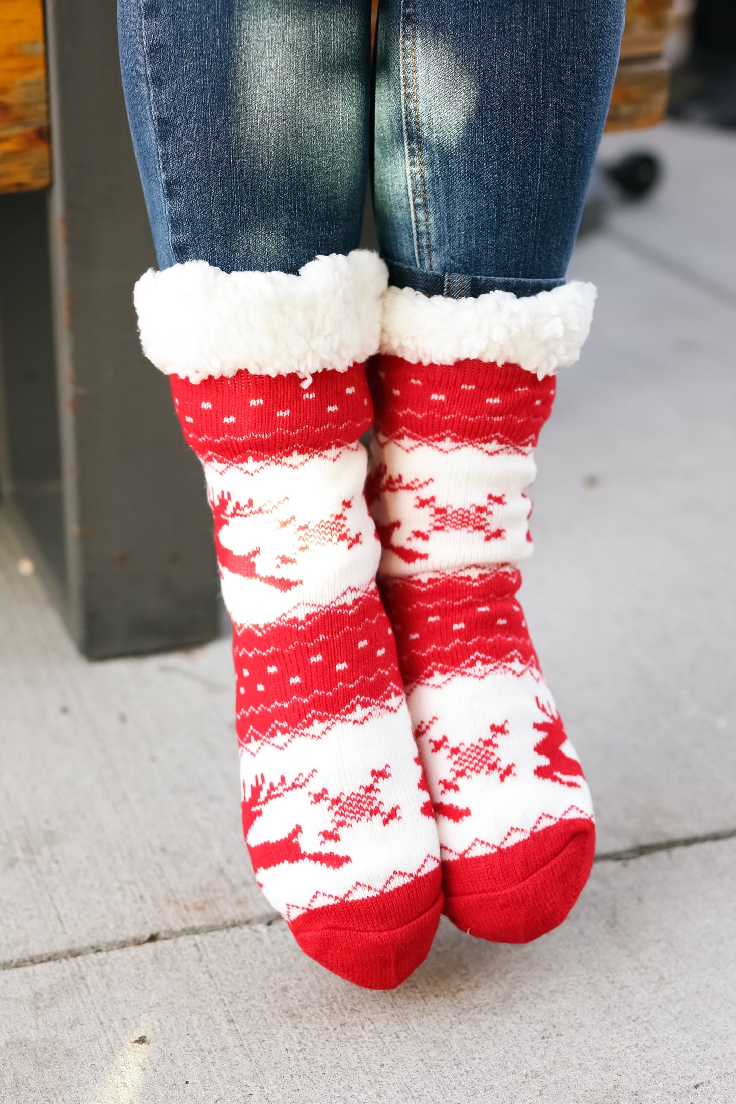 Red Holiday Reindeer Sherpa Traction Bottom Slipper Socks