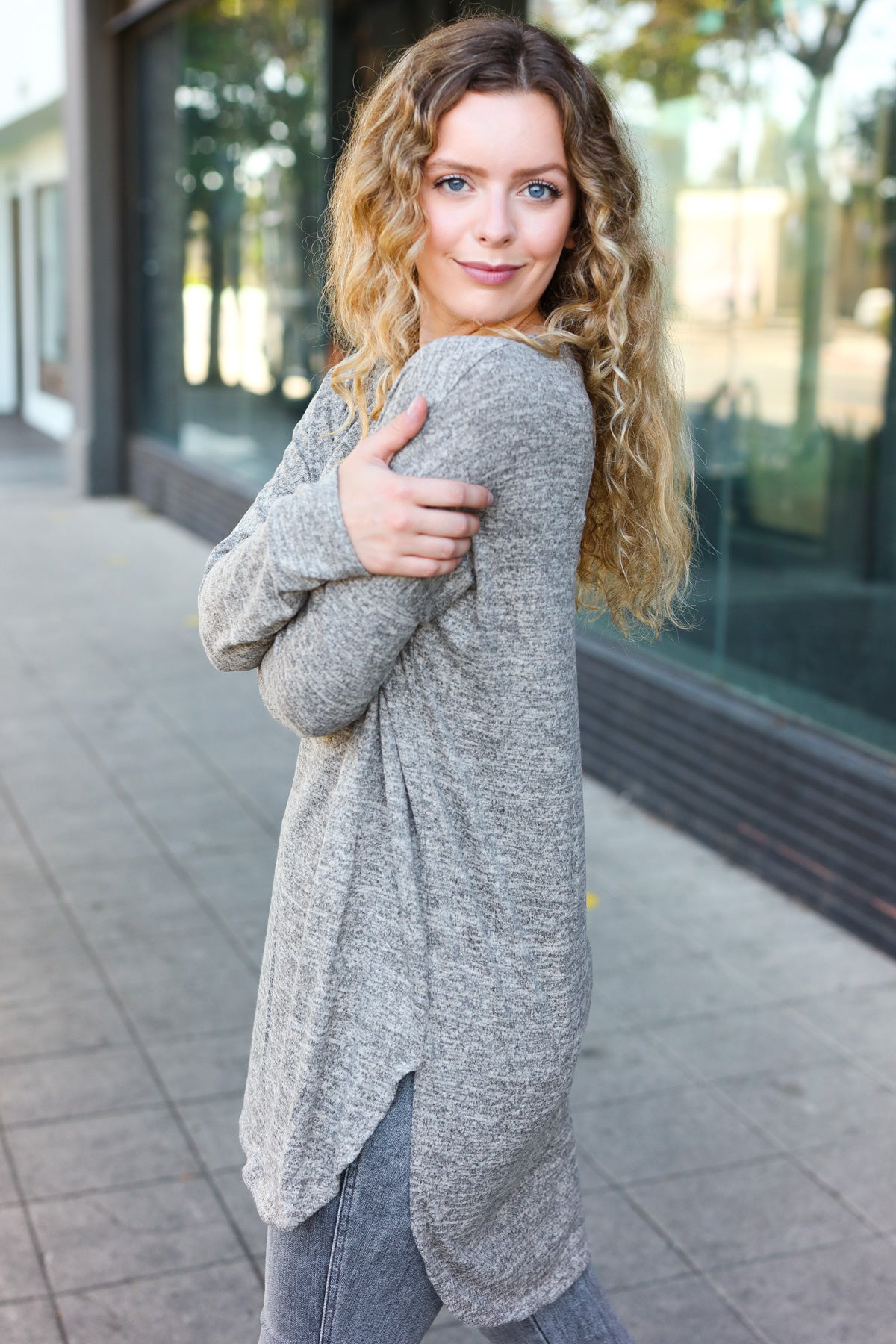 Casual Living Grey Two-Tone Tunic Side Slit Pullover