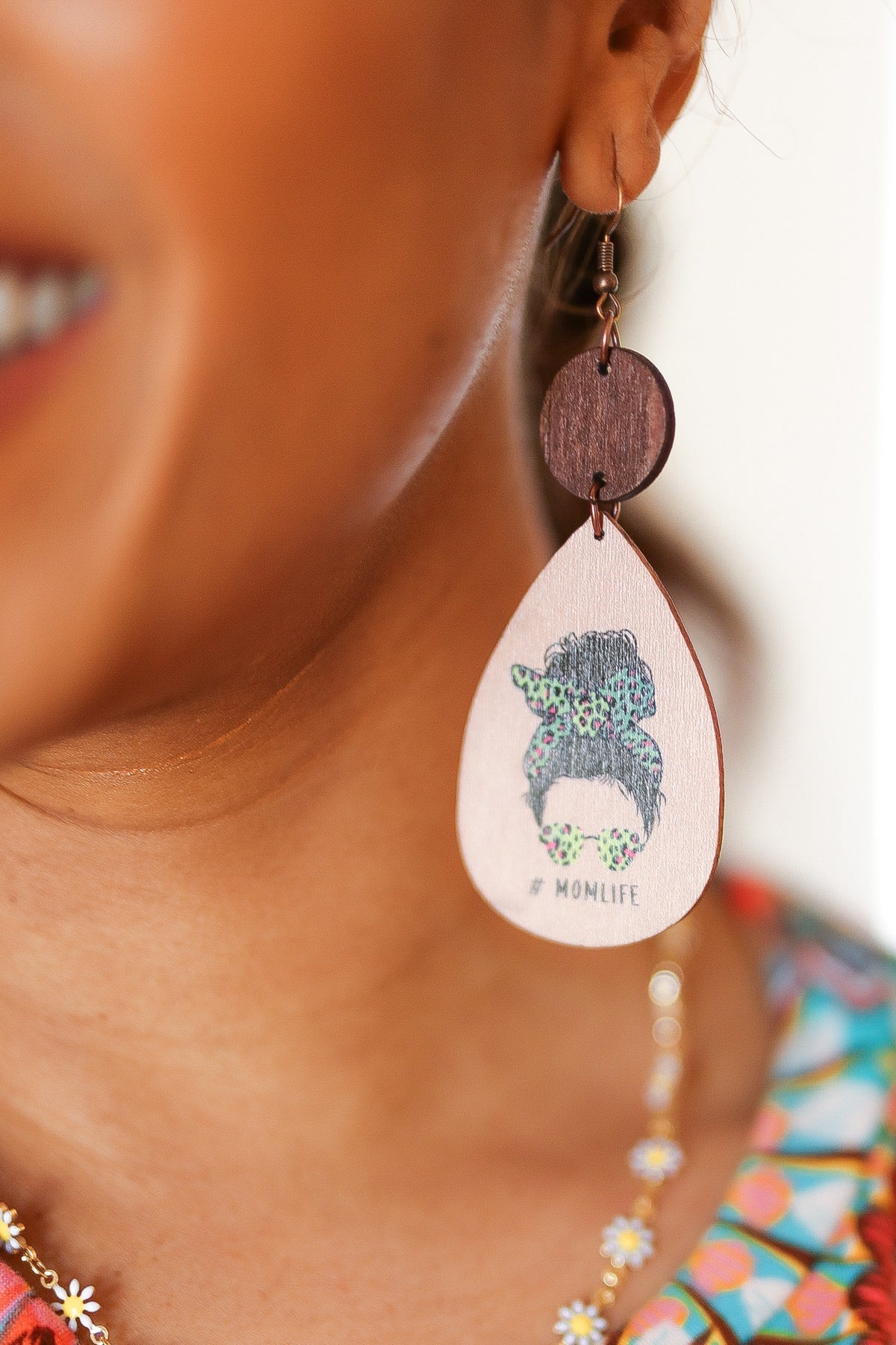 Green Cheetah "#MOMLIFE" Wooden Dangle Earrings