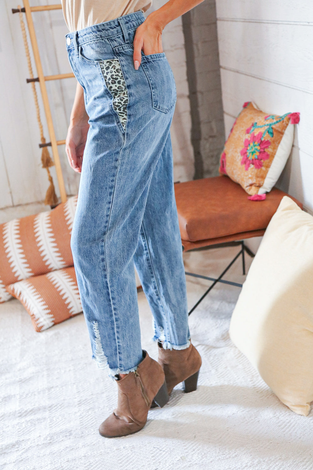 High Waist Leopard Print Washed Pocketed Ankle Torn Jeans