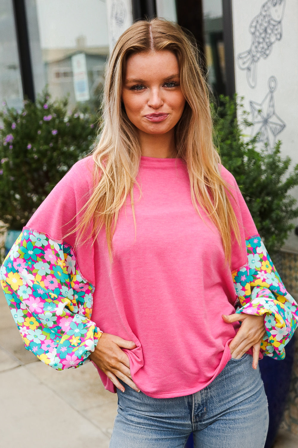 Lock Eyes Pink & Floral Bubble Sleeve French Terry Pullover