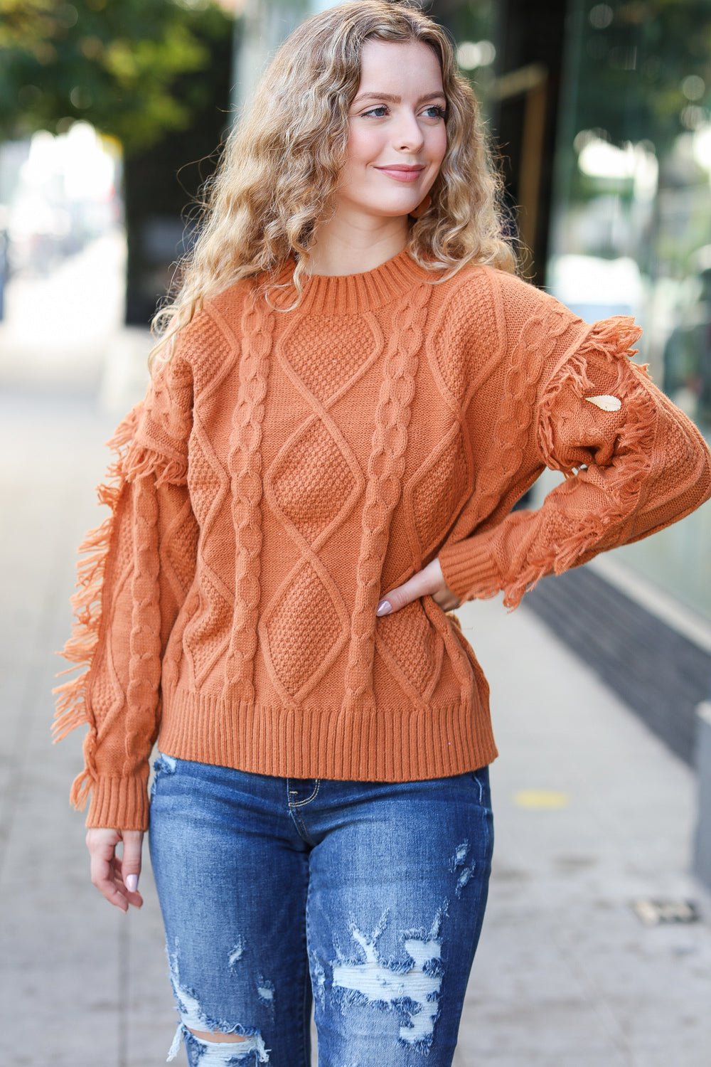 Joyful Days Rust Cable Knit Tassel Fringe Sweater