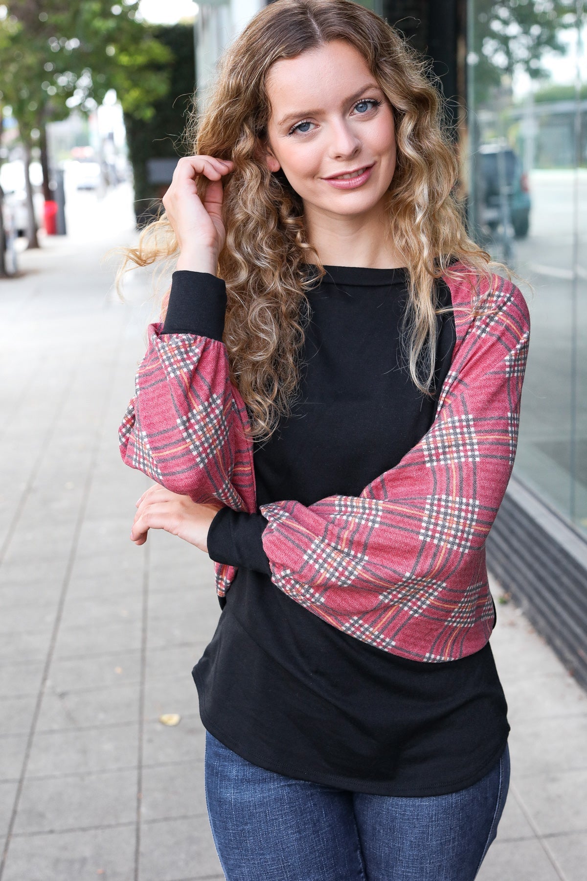 You Got This Burgundy Plaid Dolman Round Neck Top