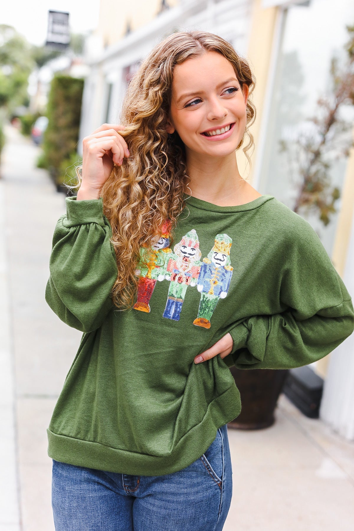 Be Merry Forest Green Nutcracker Sequin Hacci Top