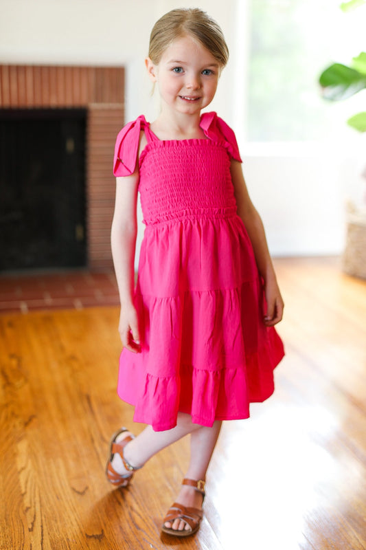 Kids Darling Pink Crepe Tiered Smocked Shoulder Tie Dress