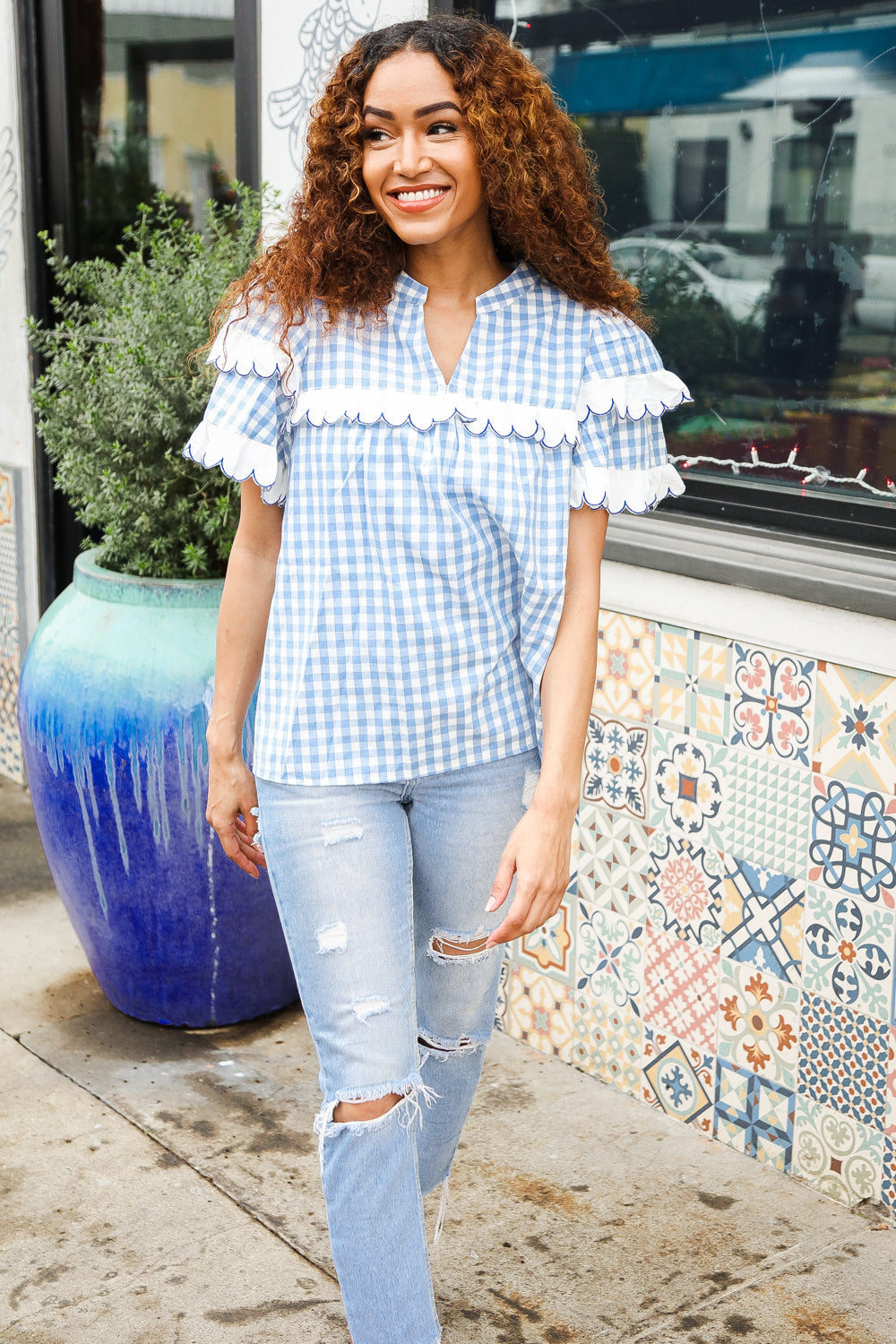 Lost In Love Cotton Blue Gingham Shirred Mock Neck Top