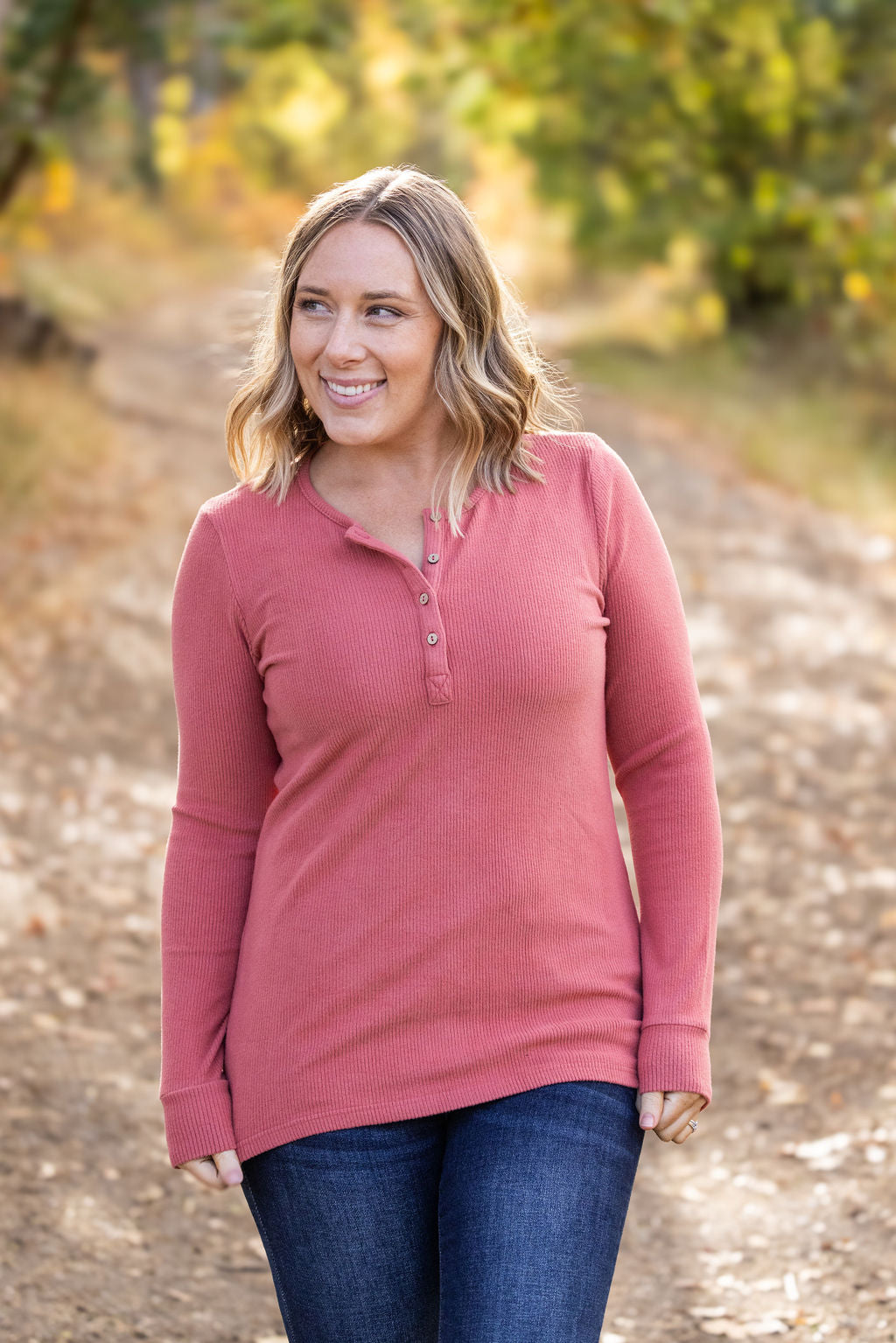 IN STOCK Brielle Henley Ribbed Long Sleeve - Terra Cotta