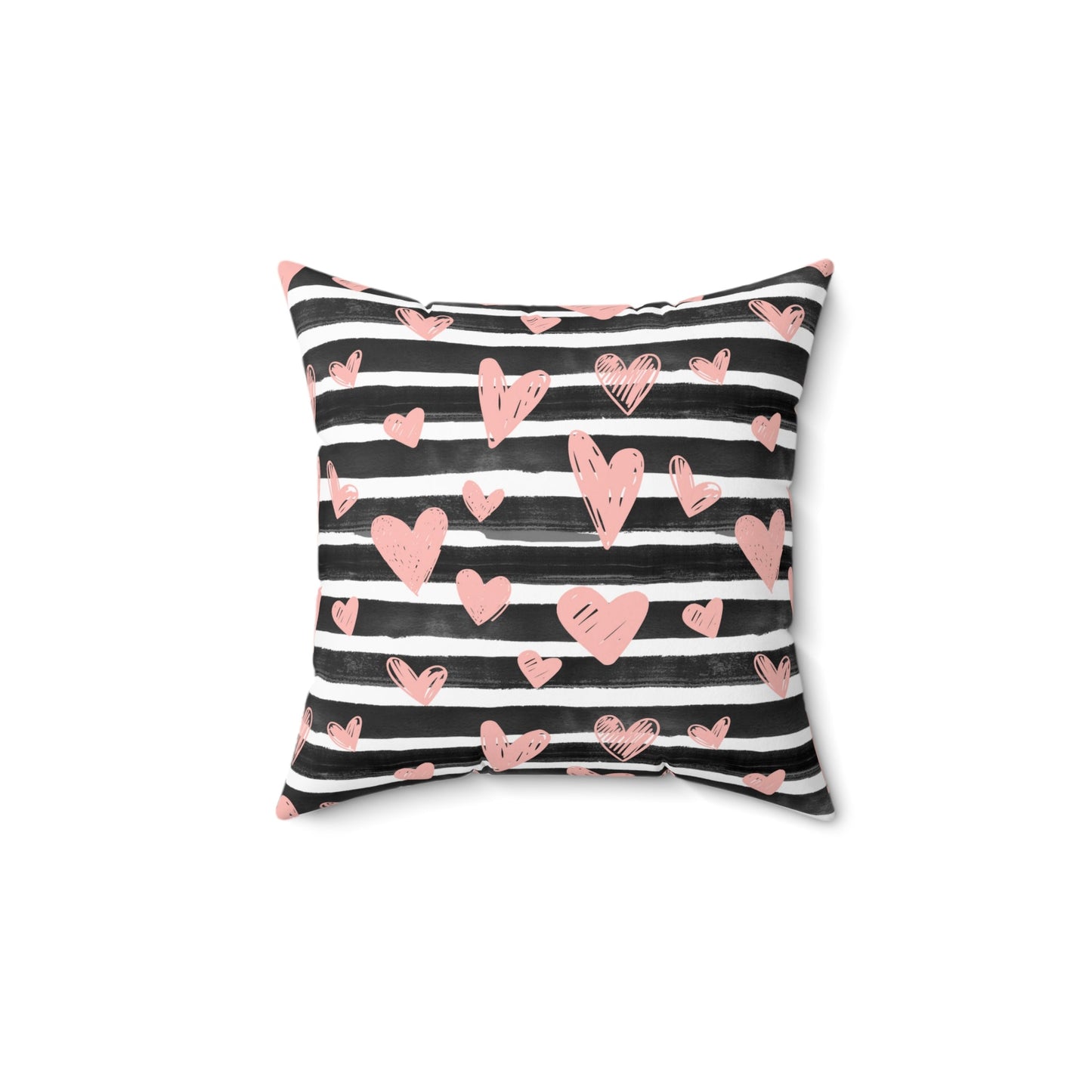 Black Striped with Pink Hearts Spun Polyester Square Pillow