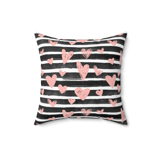 Black Striped with Pink Hearts Spun Polyester Square Pillow