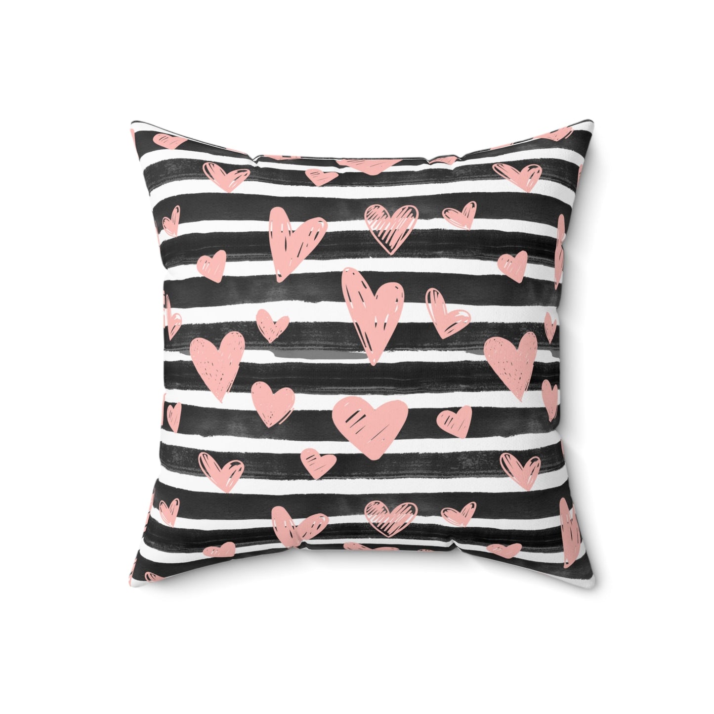 Black Striped with Pink Hearts Spun Polyester Square Pillow