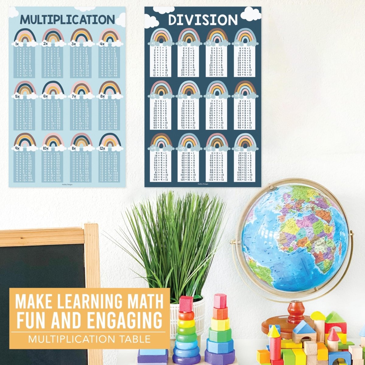 2 Boho Large Multiplication Chart Poster For Wall - Multiplication Table Chart, Multiplication Poster For Kids, Multiplication Charts For Kids, Multiplication Table Poster, Laminated Times Table Chart