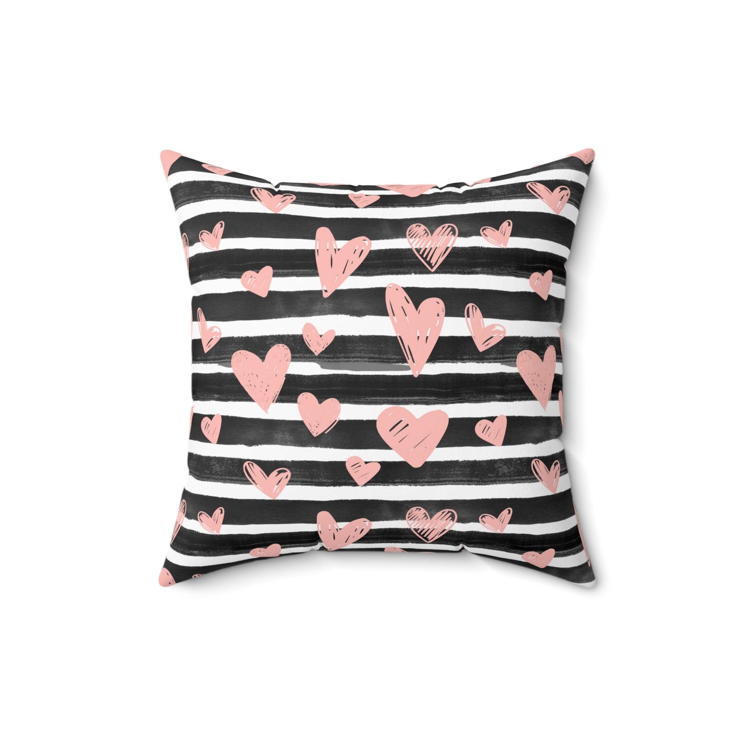 Black Striped with Pink Hearts Spun Polyester Square Pillow