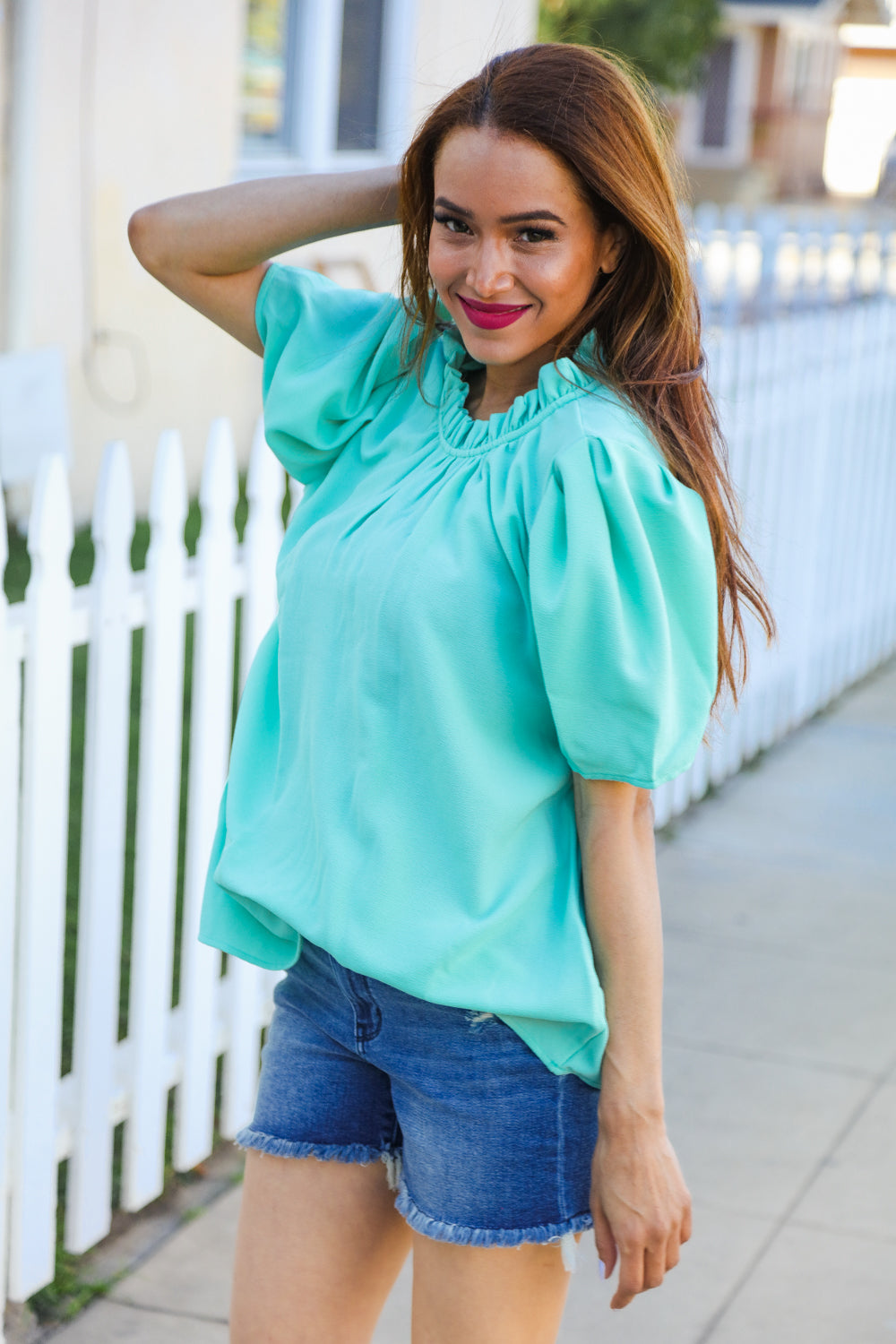 Follow Me Mint Frill Mock Neck Woven Top