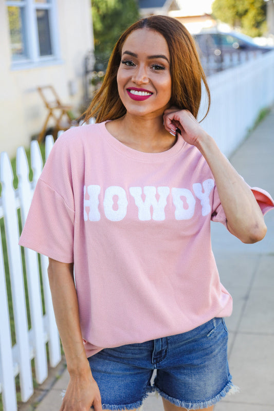 Pink Pop-Up Embroidered "HOWDY" Ribbed Top