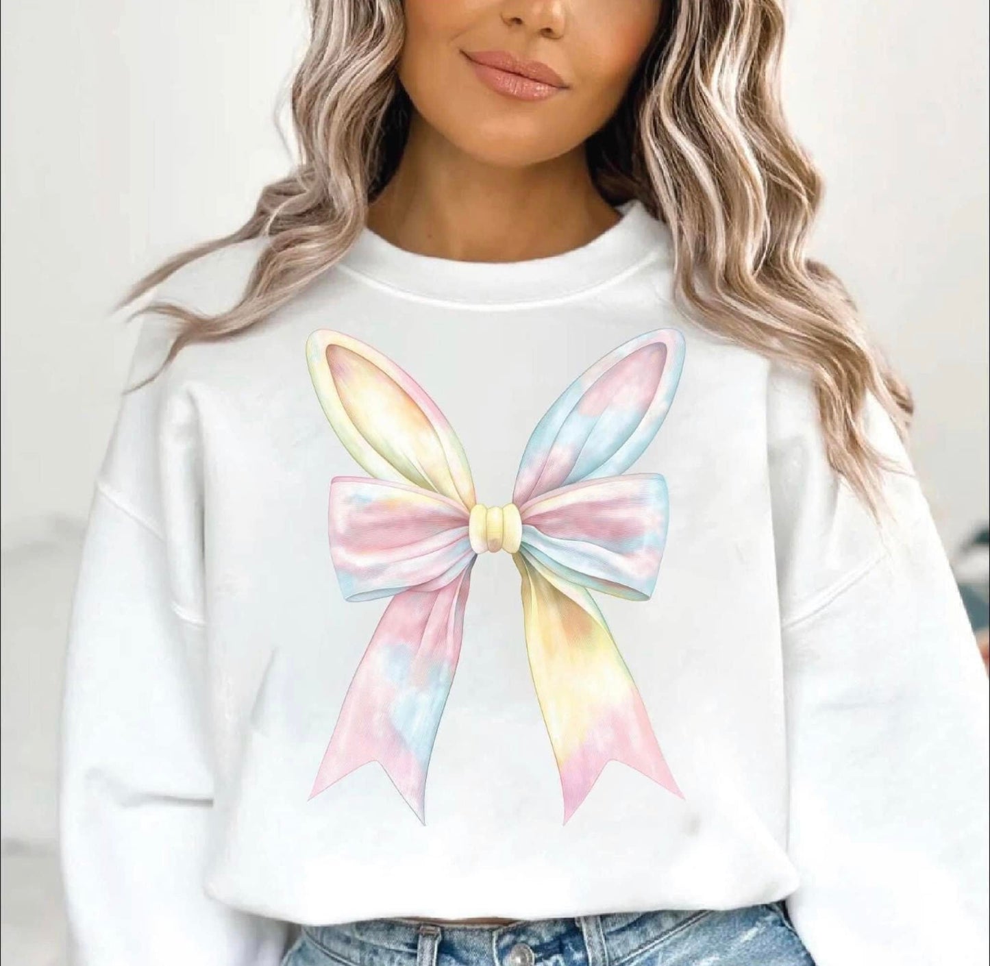 Tie dye bunny ears & bow tee & sweatshirt