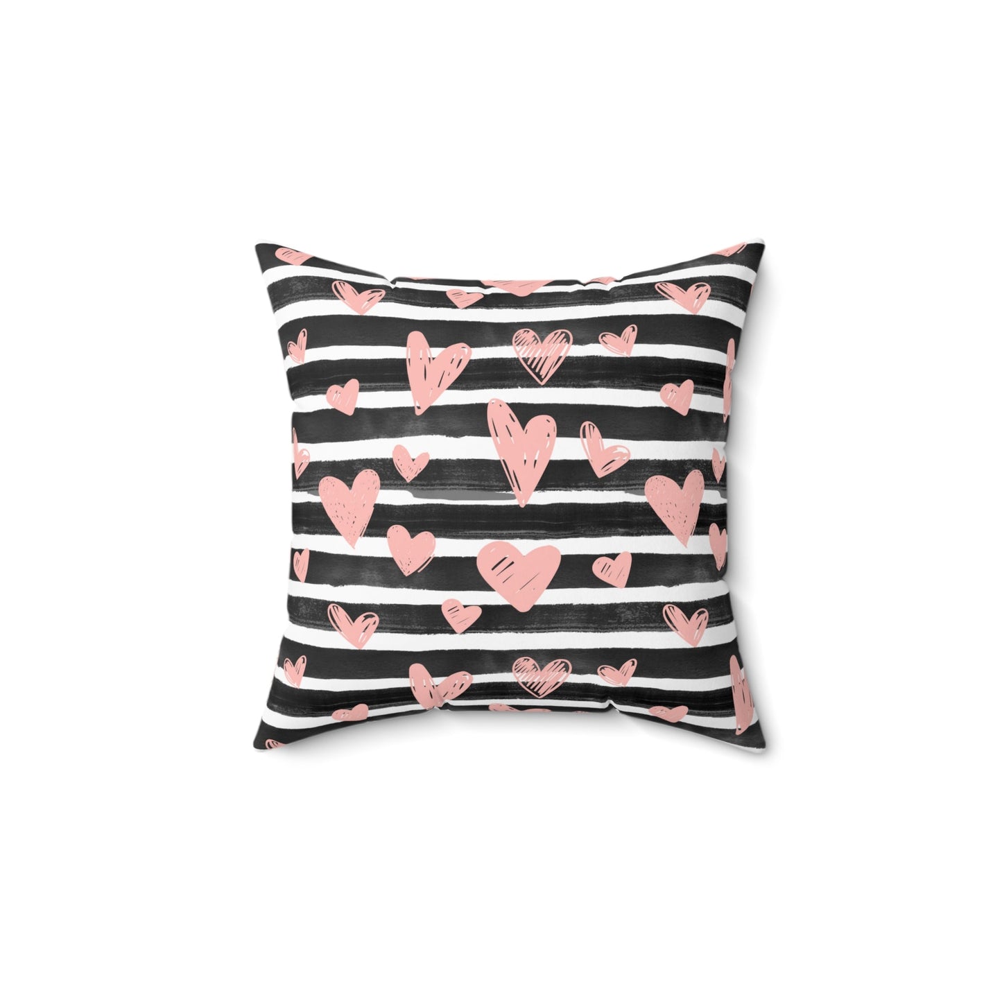 Black Striped with Pink Hearts Spun Polyester Square Pillow