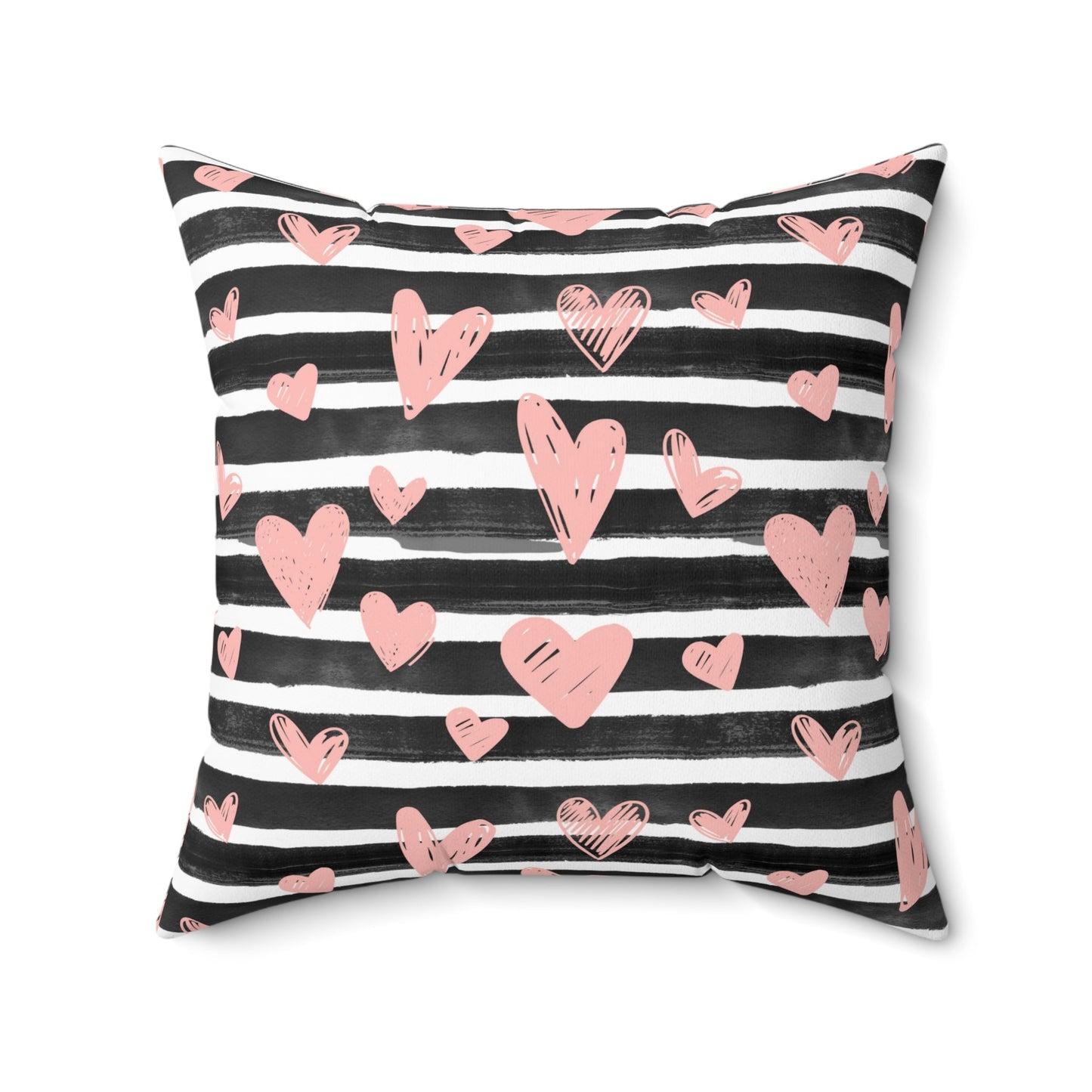 Black Striped with Pink Hearts Spun Polyester Square Pillow