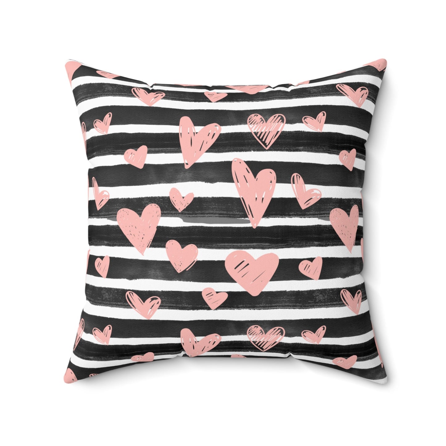 Black Striped with Pink Hearts Spun Polyester Square Pillow