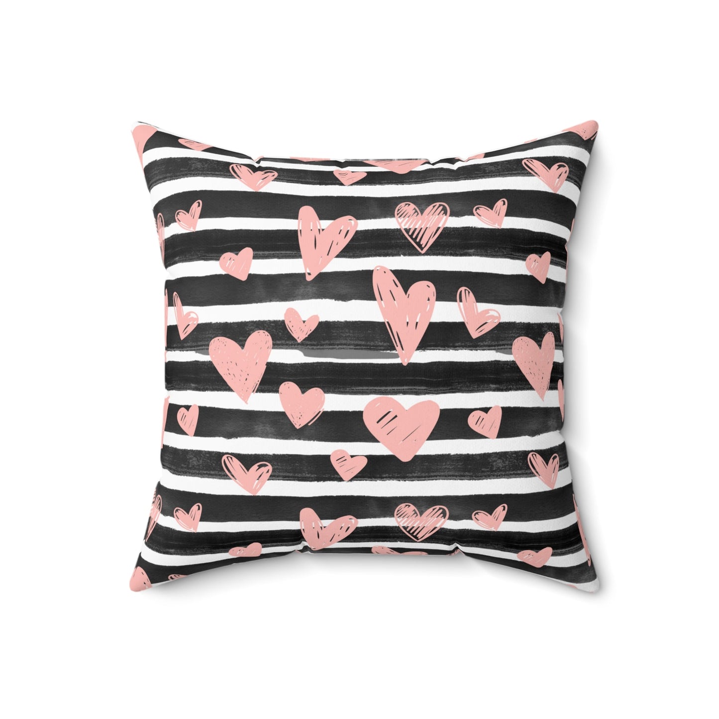 Black Striped with Pink Hearts Spun Polyester Square Pillow