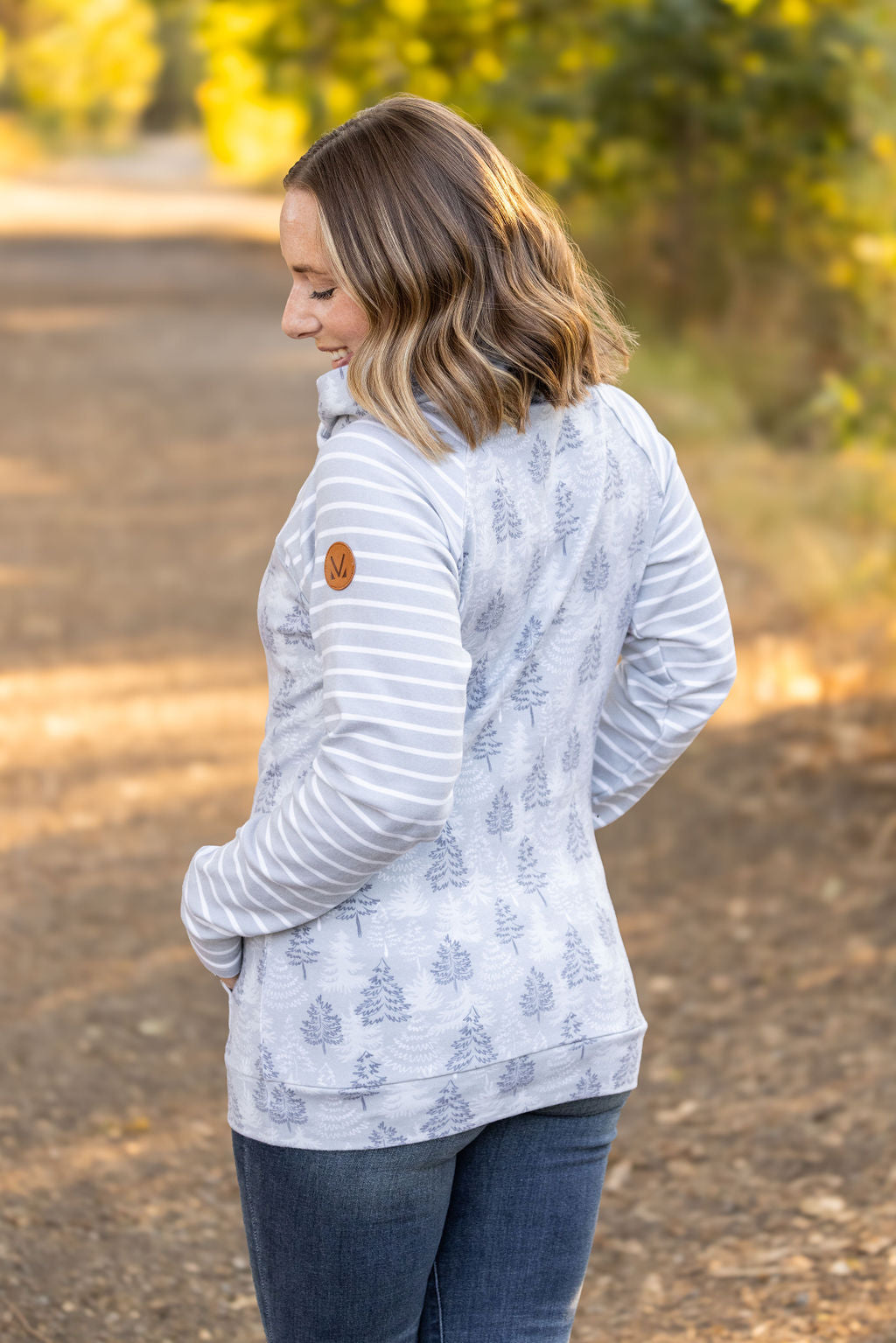 IN STOCK Classic Zoey ZipCowl Sweatshirt - Grey Trees and Stripes