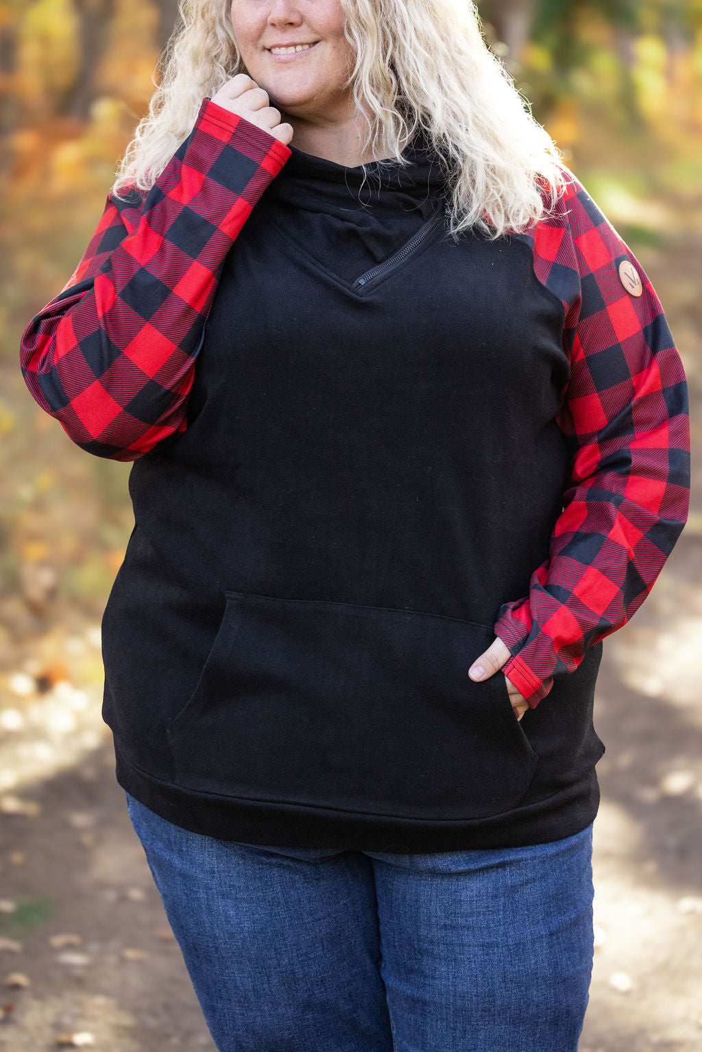 Zoey ZipCowl - Black and Buffalo Plaid