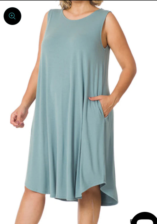 Blue Grey Sleeveless Dress with Pockets