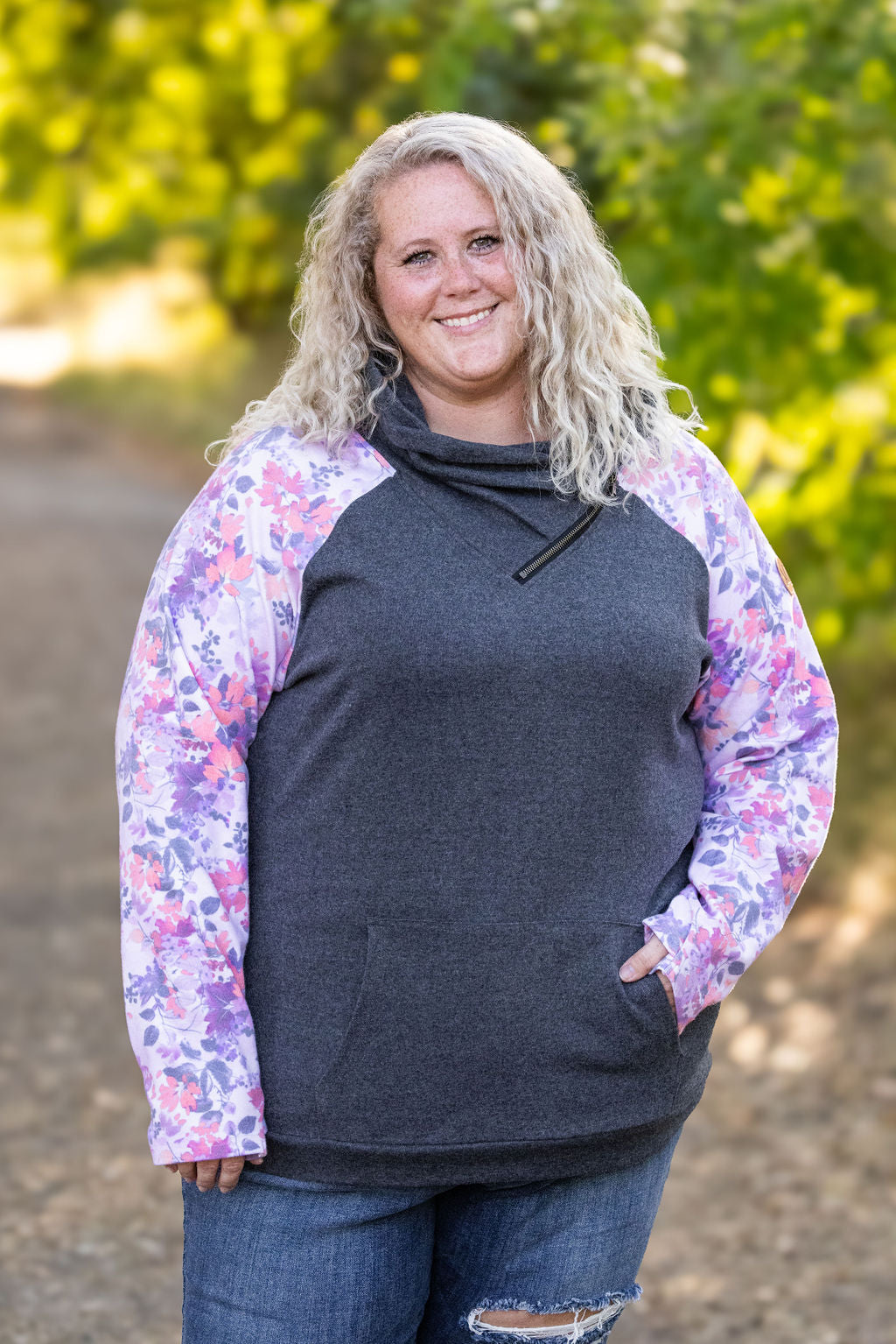 IN STOCK Zoey ZipCowl - Charcoal and Floral Leaves