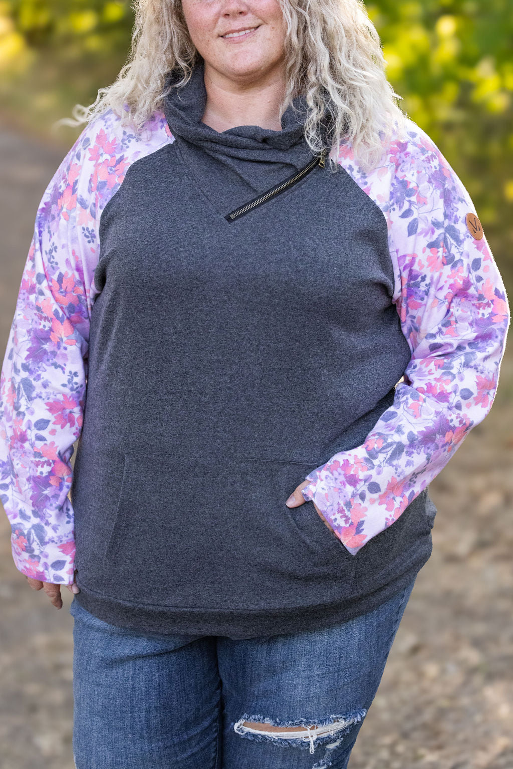 IN STOCK Zoey ZipCowl - Charcoal and Floral Leaves