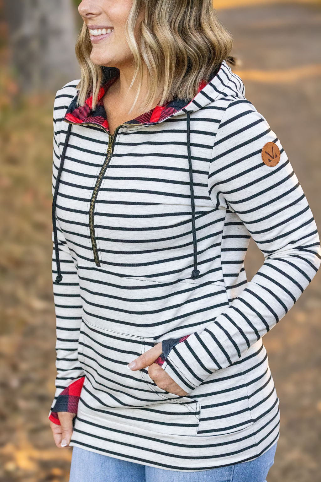 IN STOCK HalfZip Hoodie - Oatmeal Stripes and Buffalo Plaid