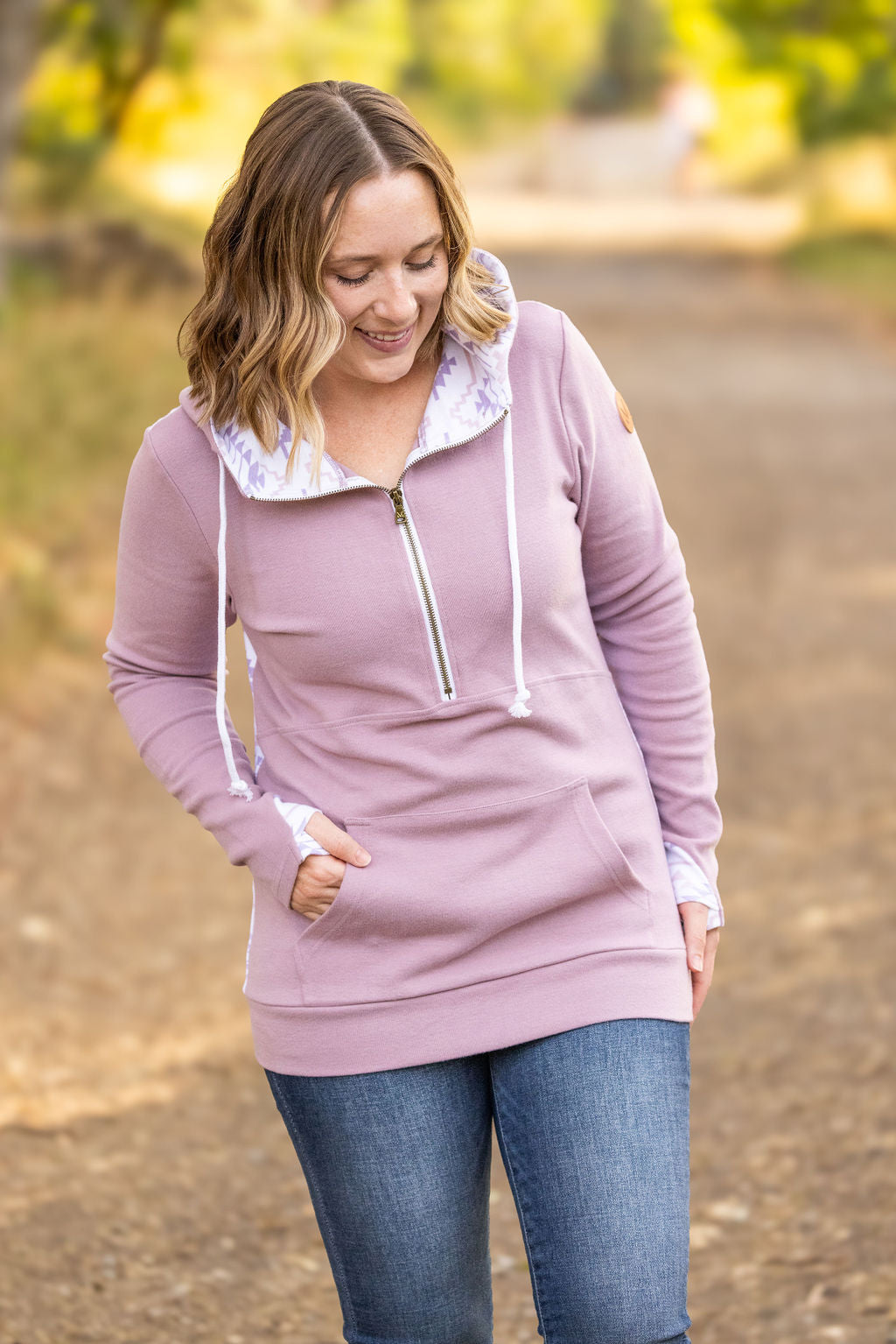 IN STOCK HalfZip Hoodie - Mauve and White Geometric