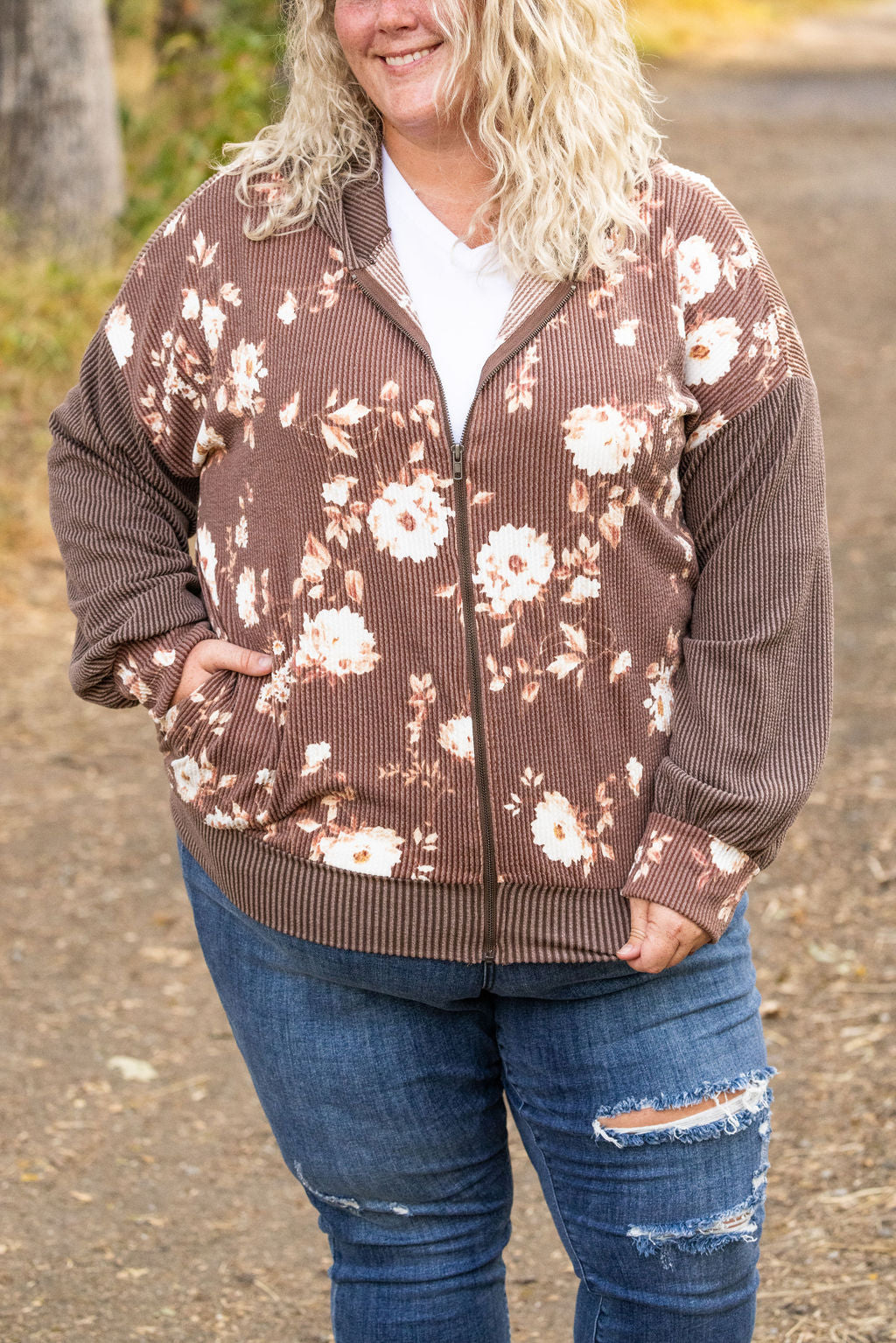 IN STOCK Ramona Ribbed Floral Zip Up - Brown FINAL SALE