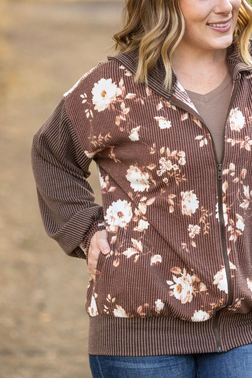 IN STOCK Ramona Ribbed Floral Zip Up - Brown FINAL SALE