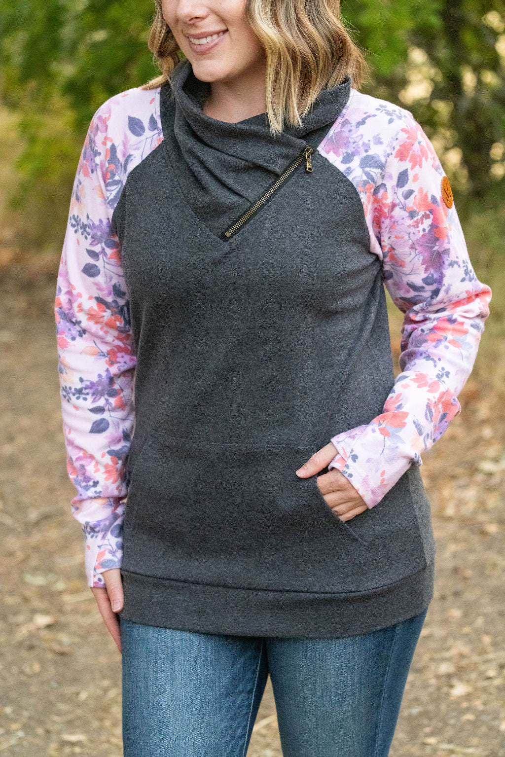 IN STOCK Zoey ZipCowl - Charcoal and Floral Leaves