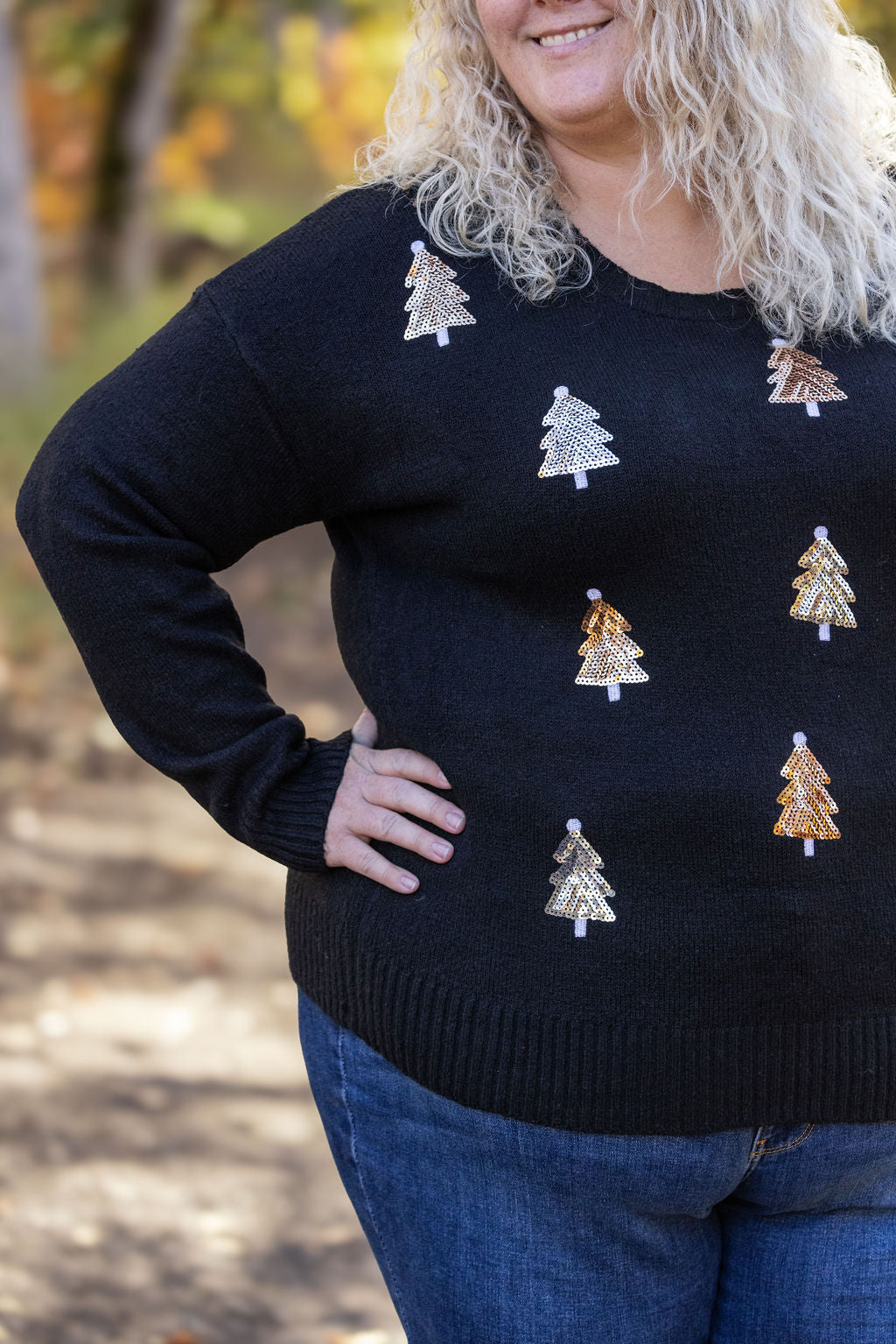 IN STOCK Holly Jolly Sweater - Gold + Silver Trees FINAL SALE