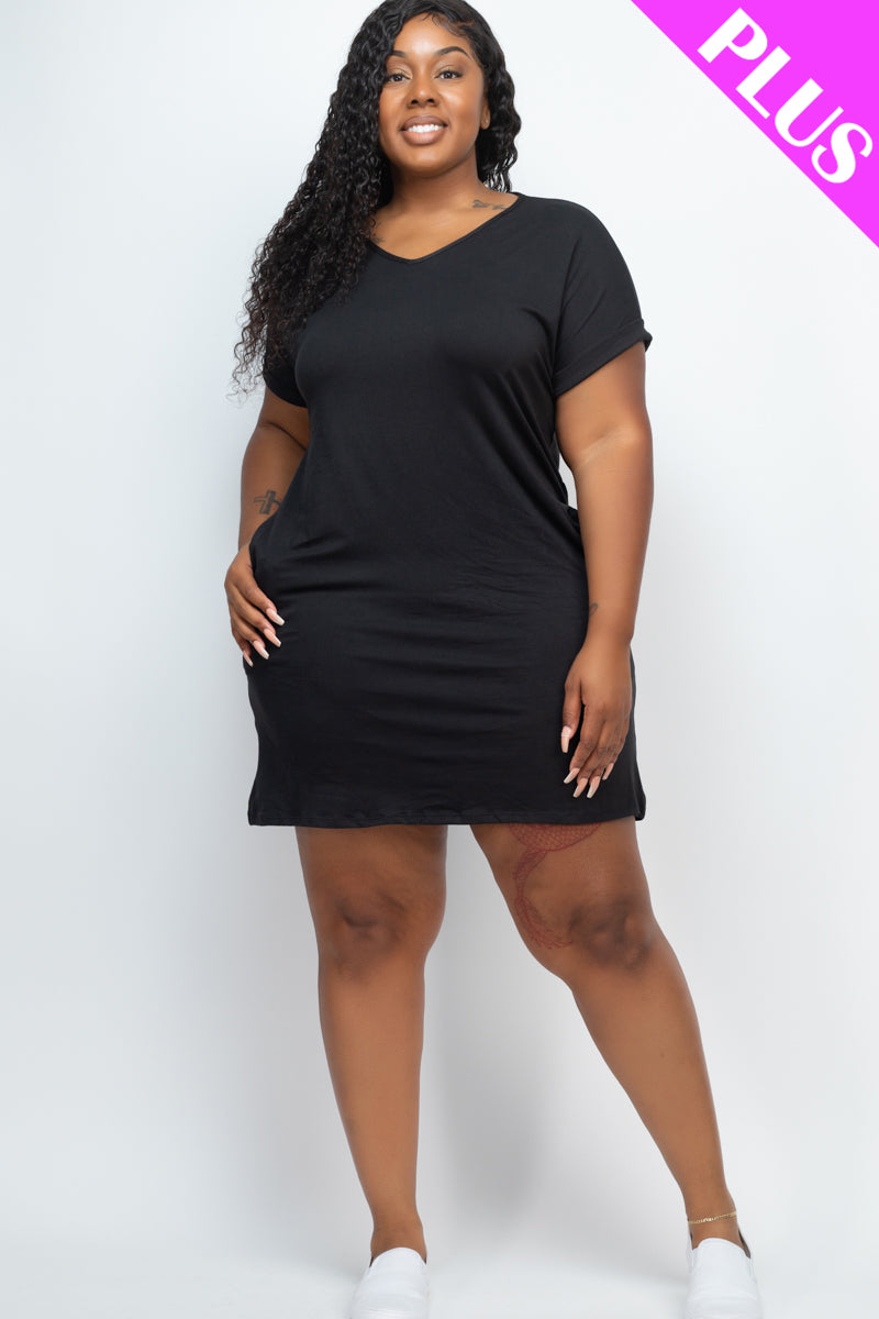 Plus Size Cap Sleeve Pocket Mini Dress