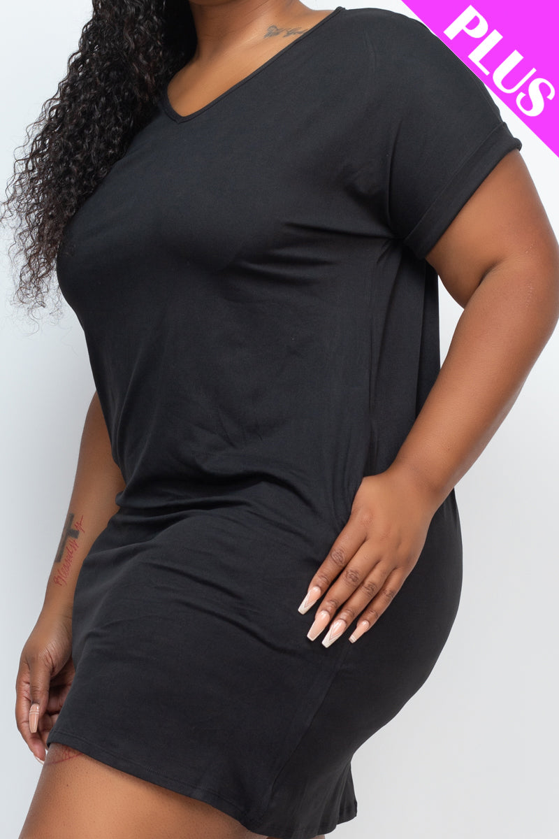 Plus Size Cap Sleeve Pocket Mini Dress