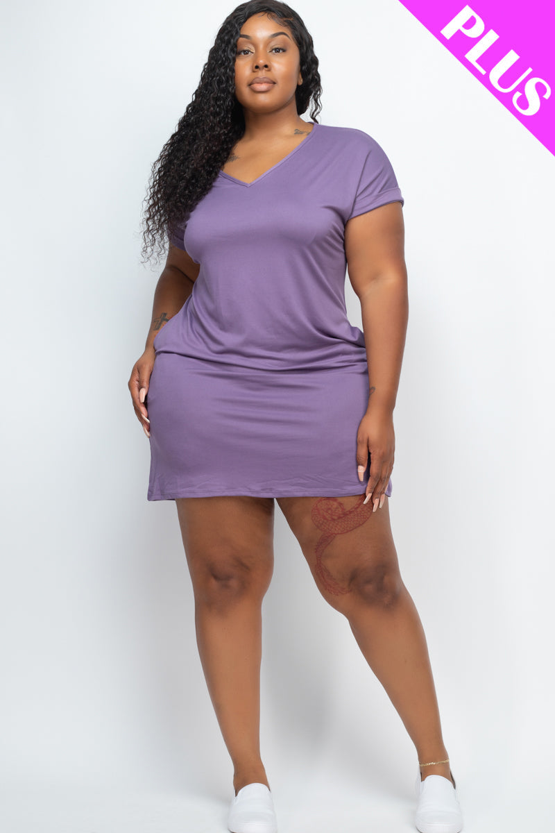 Plus Size Cap Sleeve Pocket Mini Dress