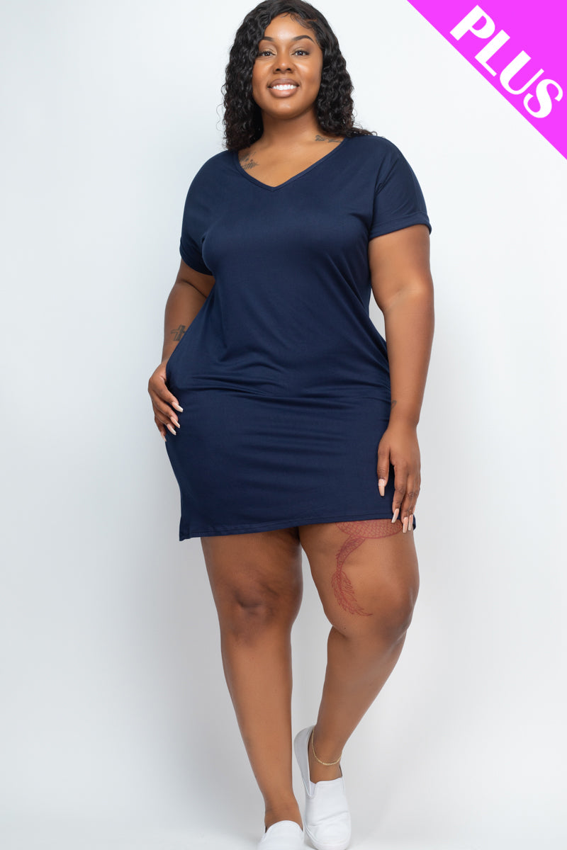 Plus Size Cap Sleeve Pocket Mini Dress