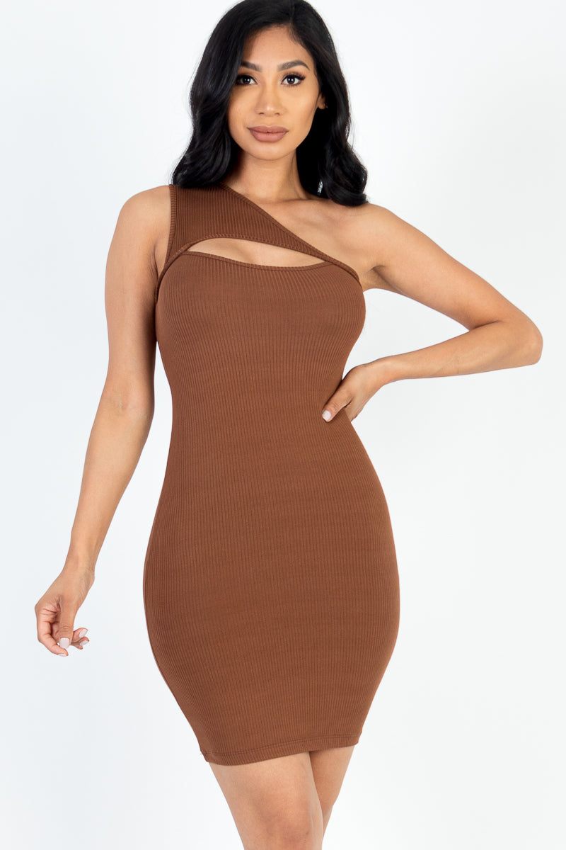 Ribbed One Shoulder Cutout Front Casual Mini Bodycon Dress