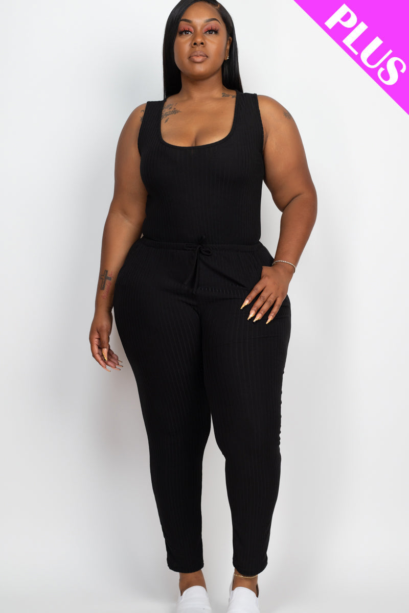 Plus Size Ribbed Sleeveless Drawstring Waist Jumpsuit