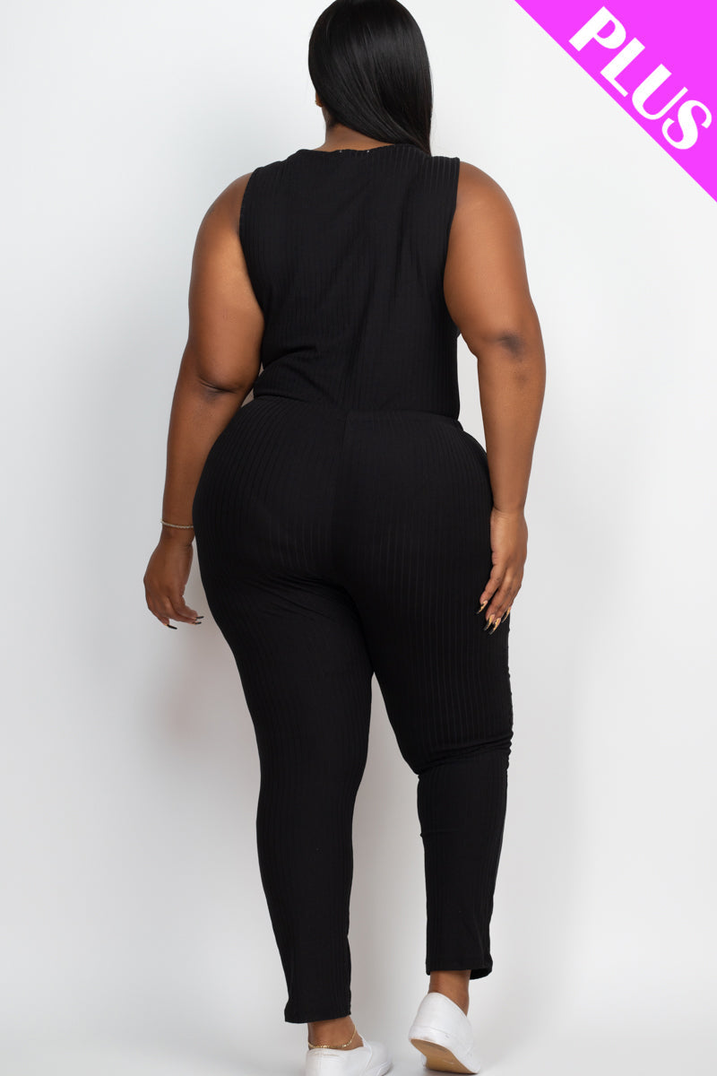 Plus Size Ribbed Sleeveless Drawstring Waist Jumpsuit