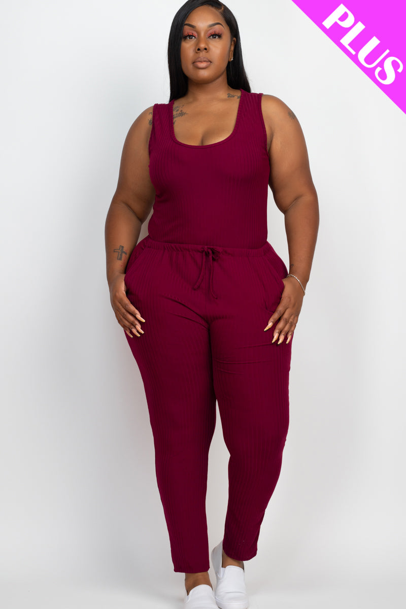 Plus Size Ribbed Sleeveless Drawstring Waist Jumpsuit