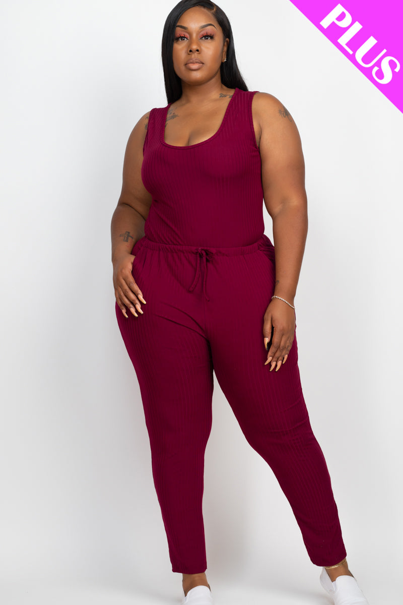 Plus Size Ribbed Sleeveless Drawstring Waist Jumpsuit