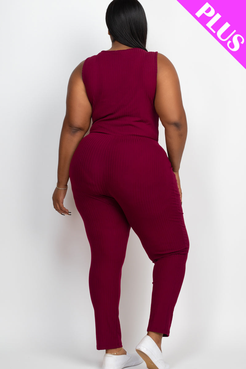 Plus Size Ribbed Sleeveless Drawstring Waist Jumpsuit