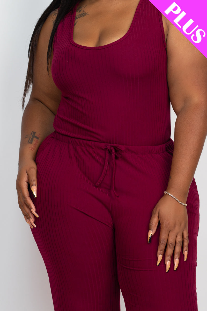 Plus Size Ribbed Sleeveless Drawstring Waist Jumpsuit