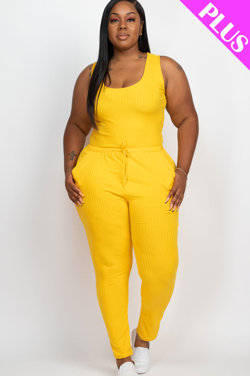 Plus Size Ribbed Sleeveless Drawstring Waist Jumpsuit