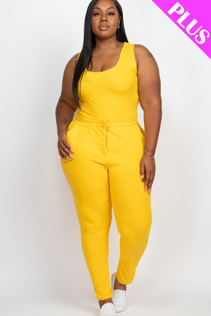 Plus Size Ribbed Sleeveless Drawstring Waist Jumpsuit