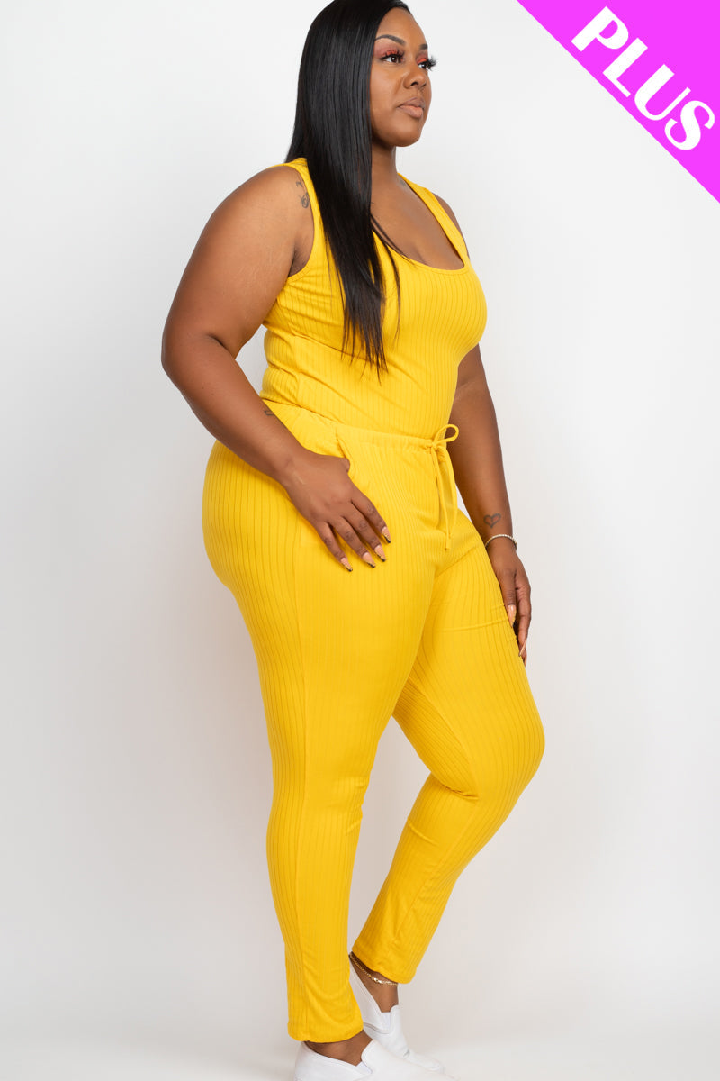 Plus Size Ribbed Sleeveless Drawstring Waist Jumpsuit